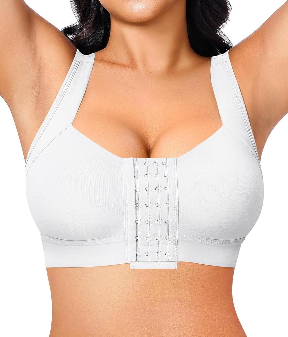 BRABIC Front Closure Post Surgery Compression Bras for Women Mastectomy Bra with Adjustable Straps Wirefree Bra (XX-Large, White)