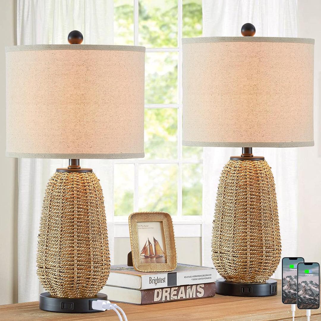 Touch Control Rattan Table Lamps, 3 Way Dimmable Bedside Lamps for Bedroom Set of 2 with 2 USB Ports and AC Outlet, Grass Rope Nightstand Lamps for Living Room Office (2 LED Bulbs Included)