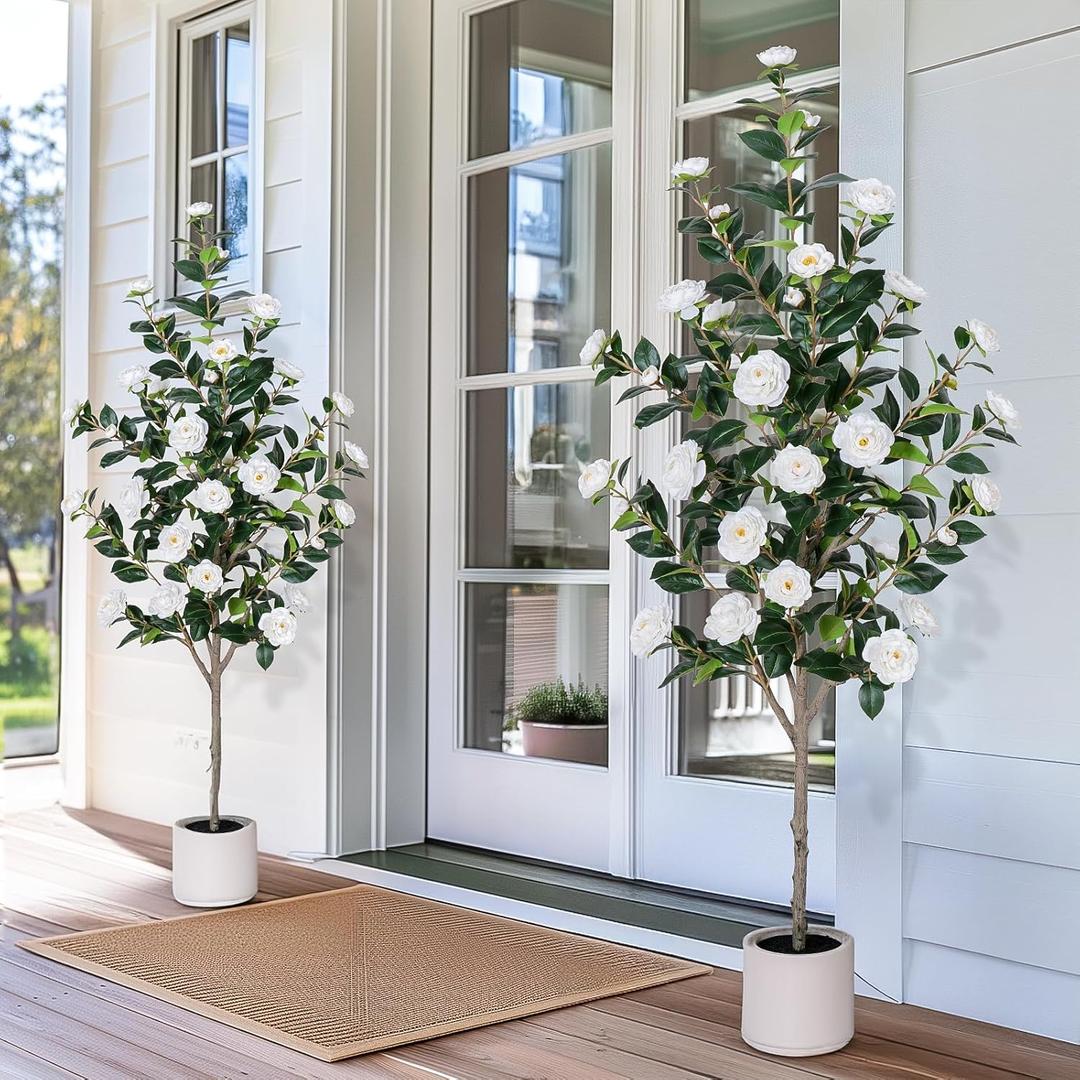 Yepdin 63 inch Artificial Camellia Tree with White Flower Pots -2 Pack White Fake Tree,5 Ft Faux Plants Indoor wich Blooming,Artificial Plants for Indoor & Outdoor Home Front Door Decor