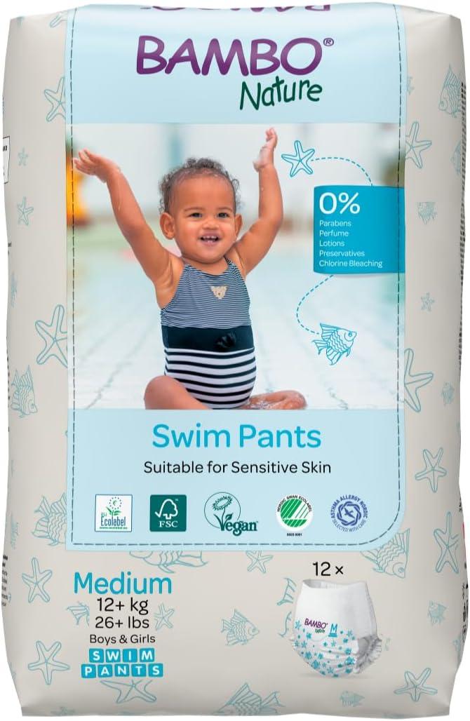 Bambo Nature Hypoallergenic Swim Pants, Eco-Labeled Swim Diapers, Double Leak Barriers - Medium (12 Count)
