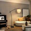 Lightdot Arc Floor Lamp for Living Room, Modern Standing Tall Lamps with Double Linen Shade, Tall Hanging Pole Lamp with Stable Base & Bulb Included for Bedroom/Sofa Beside/Corner Decor-Black
