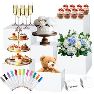 6 Pcs Buffet Risers with Markers and Signs, Risers for Display for Food, Jewelry Display, and Daily Organization, Acrylic Food Risers, Cube Boxes Nesting Riser (Sizes: 3",4",5",6",7",8" (White)