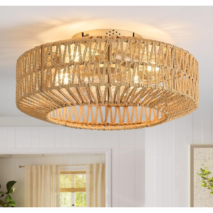 Rattan Ceiling Fans with Light and Remote, Boho Fandelier Ceiling Fan with Light Flush Mount Woven Farmhouse Caged Ceiling Fan for Bedroom Living Room Kitchen(Enclosed 6 Speeds), Medium