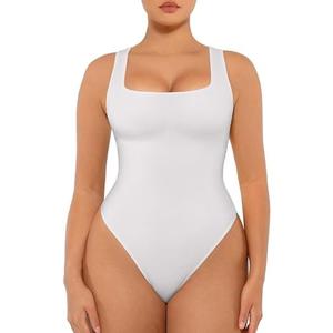 FeelinGirl Bodysuits for Women Seamless Square Neck Tummy Control Compression Thong Shapewear Bodysuit Tank Tops Bodysuit, Size M/L