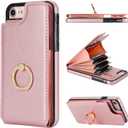 Folosu for iPhone SE(2022) iPhone SE(2020) iPhone 7/8 Wallet Case with Card Holder, 360Rotation Ring Holder Kickstand Protective RFID Blocking PU Leather Flip Shockproof 4.7 Inch Rose Gold