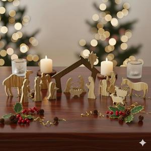 Nativity Set, Christian Christmas Decorations, 15-Piece Wooden Nativity Scene with Stable & Figures, Small Handmade Wood Set for Indoor Holiday Decor, Religious Catholic Gift, Christian Decor Display