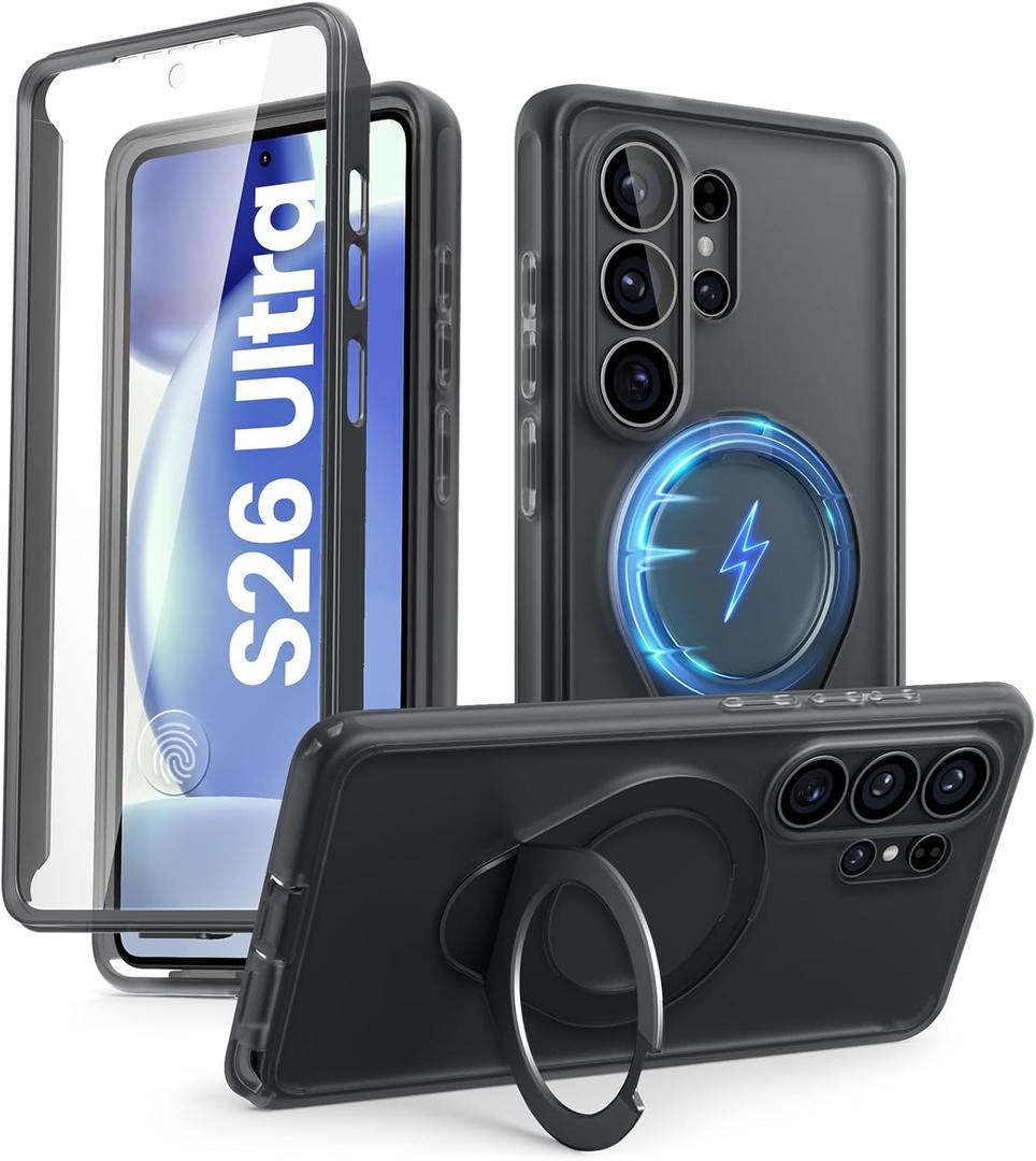i-Blason for Samsung Galaxy S26 Ultra Case with Magnetic Stand, [Built-in Screen Protector] [Compatible with MagSafe] Anti-Yellowing Full-Body Slim Ring Holder Shockproof Phone Case, Frost Black