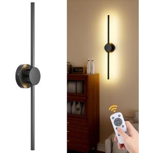 Battery Operated Wall Sconces with Remote Control, Dimmable Black Wall Sconces with Rotatable Lamppost, 3000K-6500K LED Modern Wireless Wall Sconce for Living Room, Bedroom, 28.15 Inch, 1 Pack