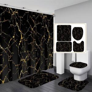 AZHM 4Pcs Shower Curtain Sets Black and Gold Marble Bathroom Sets with Shower Curtain and Rugs and Accessories Luxury Bathroom Curtain Decor Sets with 12 Hooks