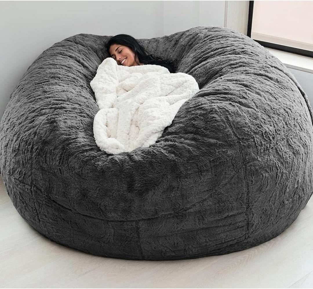 Giant Bean Bag Chair Cover(No Filler),Oversized Round Soft Fluffy PV Velvet Washable Lazy Sofa Bean Bag Bed Cover for Adults, Living Room Bedroom Furniture Outside Cover (Gray, 5FT)