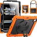 SEYMAC Case for iPad Pro 13 Inch M5 2025 / M4 2024, Heavy Duty Shockproof Protective Case with Screen Protector, 360 Rotating Stand, Hand/Shoulder Strap and Pen Holder, Orange