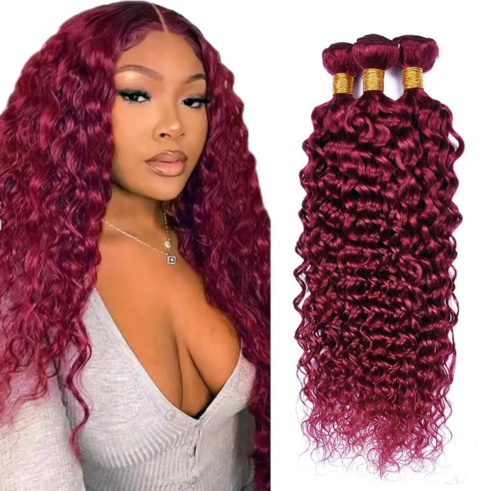Color #99J Burgundy Human Hair Bundles Wine Red Water Wave 3 Bundles Human Hair 26 28 30 Inch 50G Double Weft Grade 12A Unprocessed Virgin Remy Hair Extensions 50g Per Bundle