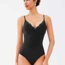 REORIA Women's Lace Trim V-Neck Bodysuit Spaghetti Straps Sexy Outfit 2025 Spring/Summer Designer Collection (M)