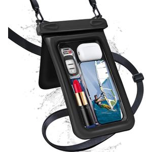 Waterproof Phone Pouch Double Pocket, Floating IPX8 8.5 inch Waterproof Phone Case for Beach Vacation Essentials for Compatible IPhone 16 15 14 Pro Max Galaxy S25 S24 Waterproof Dry Bag Black