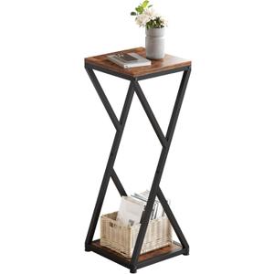 Tall Plant Stand Indoor, Conceptual Design 2-Tier Pedestal Stand with Metal Base ,Small End Table for Living Room,Corner Side Table Home Decor