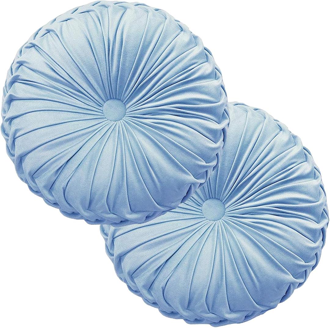 Teieas 2 Pcs Round Throw Pillows Decorative Pumpkin Velvet Boho Pleated Bed Pillows Back Support for Couch Chair Dorm Car 14.96'' (Sky Blue)