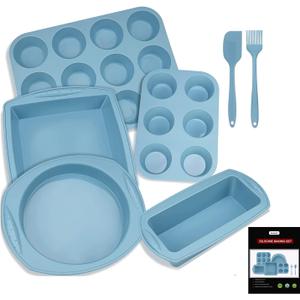 7in1 Silicone Bakeware Baking Set, Kitchen Bake Pans Molds Tray for Oven with BPA Free Round/Square Cake Pan, Loaf Pan, Muffin Pan for Bread Pizza Cheesecake Cupcake Pie Desserts (Blue)