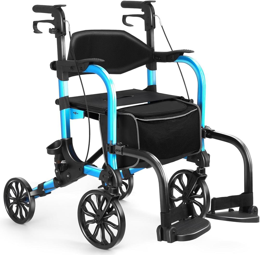 2-in-1 Heavy Duty Rollator Walker with 10" Front & 8" Rear Airless Tires, Foldable Transport Wheelchair for Seniors, Supports Up to 300 lbs, Adjustable Height, Safety Features, Easy Storage (Blue)