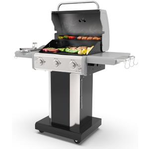 Kenmore 3-Burner Propane BBQ Grill, 30,000 BTUs Gas Grill with Cast Iron Cooking Grates, Folding Side Tables & Wheels, Outdoor Grill with Tool Hooks, Black