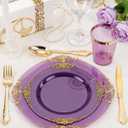 Nervure 350PCS Purple Plastic Plates - Purple Plastic Dinnerware Sets for 50 Guests - 100 Disposable Plates, 150 Gold Silverware, 50 Cups, 50 Napkins for Wedding & Party