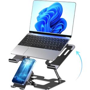 Ergonomic 2-in-1 Laptop Phone Stand for Desk, Adjustable Riser, Sturdy and Portable, Fits All Laptops and Phone (Black)