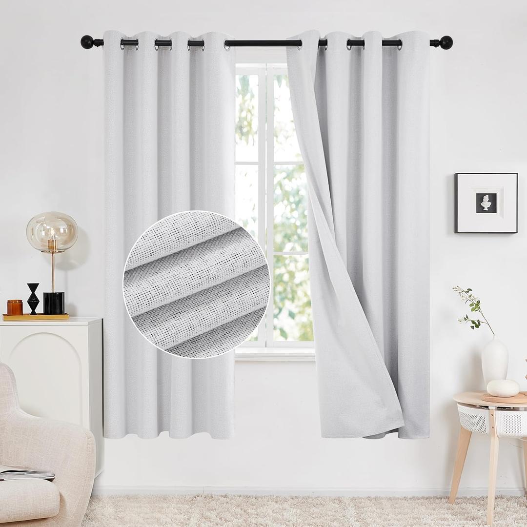 Deconovo Total Blackout Curtains Linen Curtains Room Darkening Curtains with Grommets for Bedroom Living Room Kids Room, 2 PanelsGreyish White52Wx63L Inch