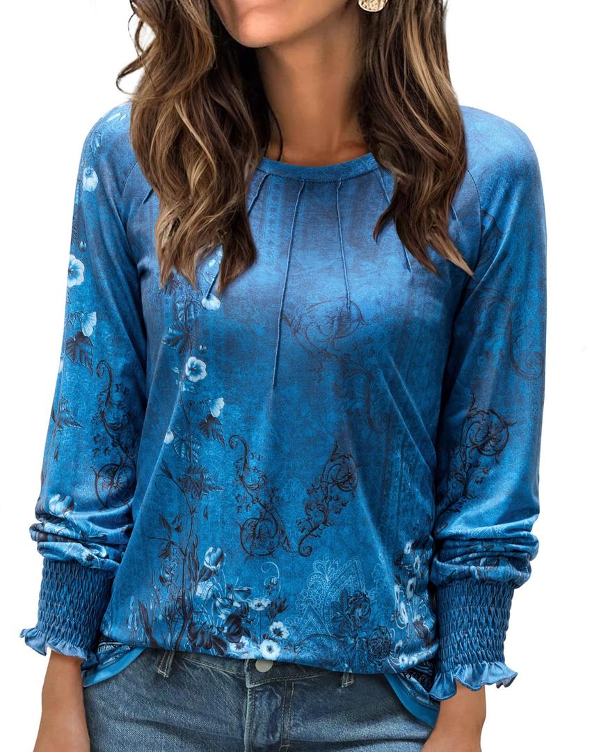 Uhiger Womens Fall Fashion Long Sleeve Tunic Tops to Wear with Leggings Crewneck Pleated Shirts Loose Fit Cute Tee 3XL (XXXL)