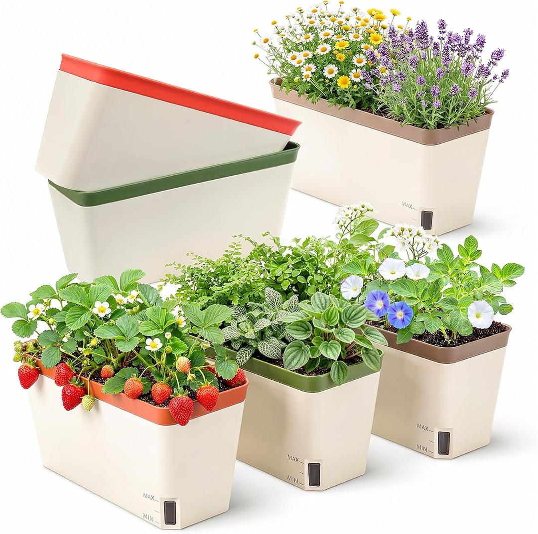 OurWarm Self Watering Pots for Indoor Plants, 6 Pack 10.5 Inch Plastic Window Herb Planter Box with Water Level Indicator, Modern Decorative Windowsill Planters for Herbs, Flowers, Seedlings