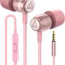 LUDOS Clamor Wired Earbuds in-Ear Headphones, Earphones with Microphone, Noise Isolating Ear Buds, Memory Foam for iPhone, Samsung, School Students, Kids, Women, Small Ears - Pink