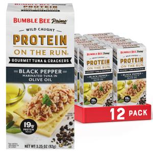 Bumble Bee Prime Protein on the Run Tuna Snack Kit, Pack of 12 - Gourmet Tuna Marinated in Olive Oil & Black Pepper with Crackers and Serving Utensil - 19g of Protein Per Serving (3.25 Ounce (Pack of 12)) Best By 03/25