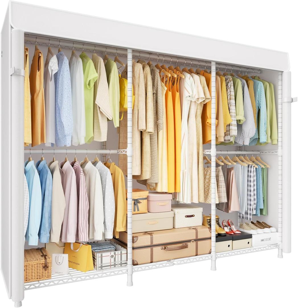 ULIFHOME E14C Pro Heavy Duty Closet Organizer System，Freestanding Clothing Racks for Hanging Clothes，Adjustable Garment Rack 70.1"W × 16.6"D × 76.4"H Hold 960 lbs，White Rack with White Dustproof Cover