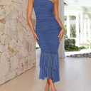 ZESICA Women's Summer One Shoulder Bodycon Midi Dress 2026 Sleeveless Mesh Ruched Cocktail Wedding Guest Dresses (Blue, M)