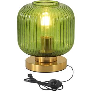 Mid Century Modern Table Lamp Green Table Lamp Dimmable Ribbed Glass Bedside Lamp Modern Globe Desk Lamp Small Vintage Nightstand Lamp with Plug-in Style for Bedroom Living Room Office