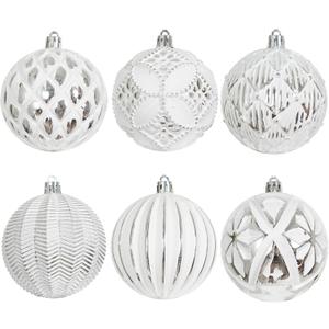 XmasExp Vintage Rustic Christmas Ball Ornaments Sets, Neutral Shatterproof Christmas Ornaments Farmhouse Christmas Tree Decorations Large Hanging Balls for Xmas Home Party (Silver White, 6Pcs)