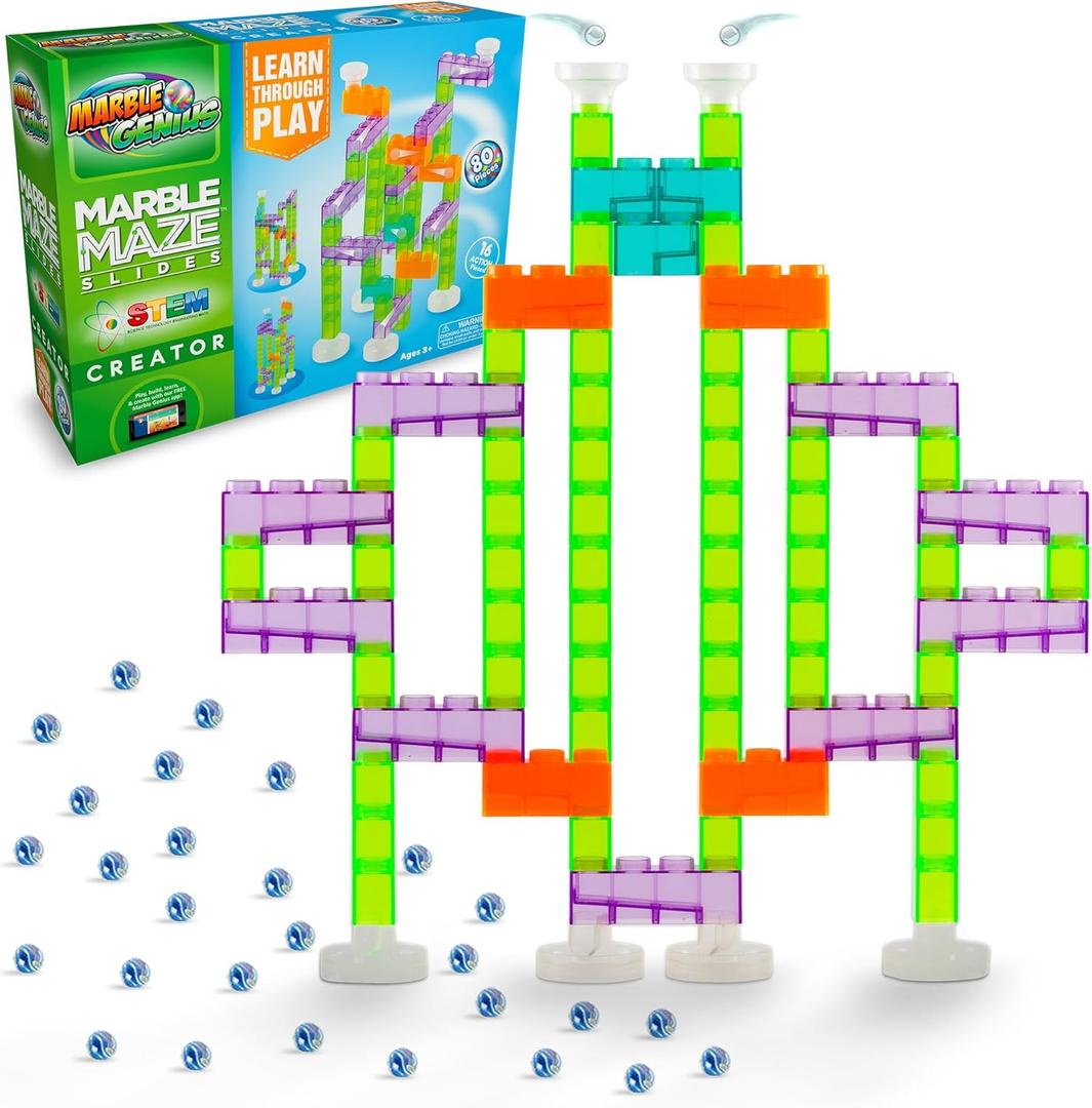 Marble Genius Marble Maze Slides STEM Creator Set: 80 Pieces, and 16 Action Pieces, with Instruction App Access - Marble Run for Kids - Build, Race, and Discover Tracks with This Marble Game Set
