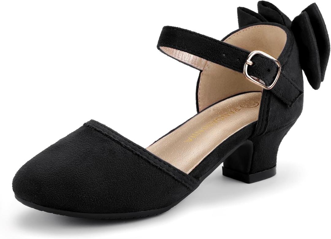 PANDANINJIA Girls Heels Sandals Toddler Flower Girl Dress Shoes Princess Mary Jane Pumps Low Heel Wedding Party Wendy Shoes for Little Kid/ Big Kid Size 3, Black Suede
