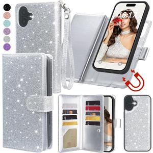 Varikke for iPhone 16 Wallet Case Detachable with RFID Blocking Card Holder for Women, Glitter PU Leather Wrist Strap Strong Magnetic Flip Wallet Removable Phone Case for iPhone 16 6.1", Silver