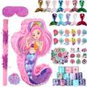 Wettarn 90 Pieces Mermaid Party Favors Includes Piñata Bundle 16 x 12 x 3 Inch, Mermaid Hairpin Slap Bracelets Rings Stickers for Kids Girls Mermaid Birthday Party Supplies Mermaid Goodie Bag Fillers