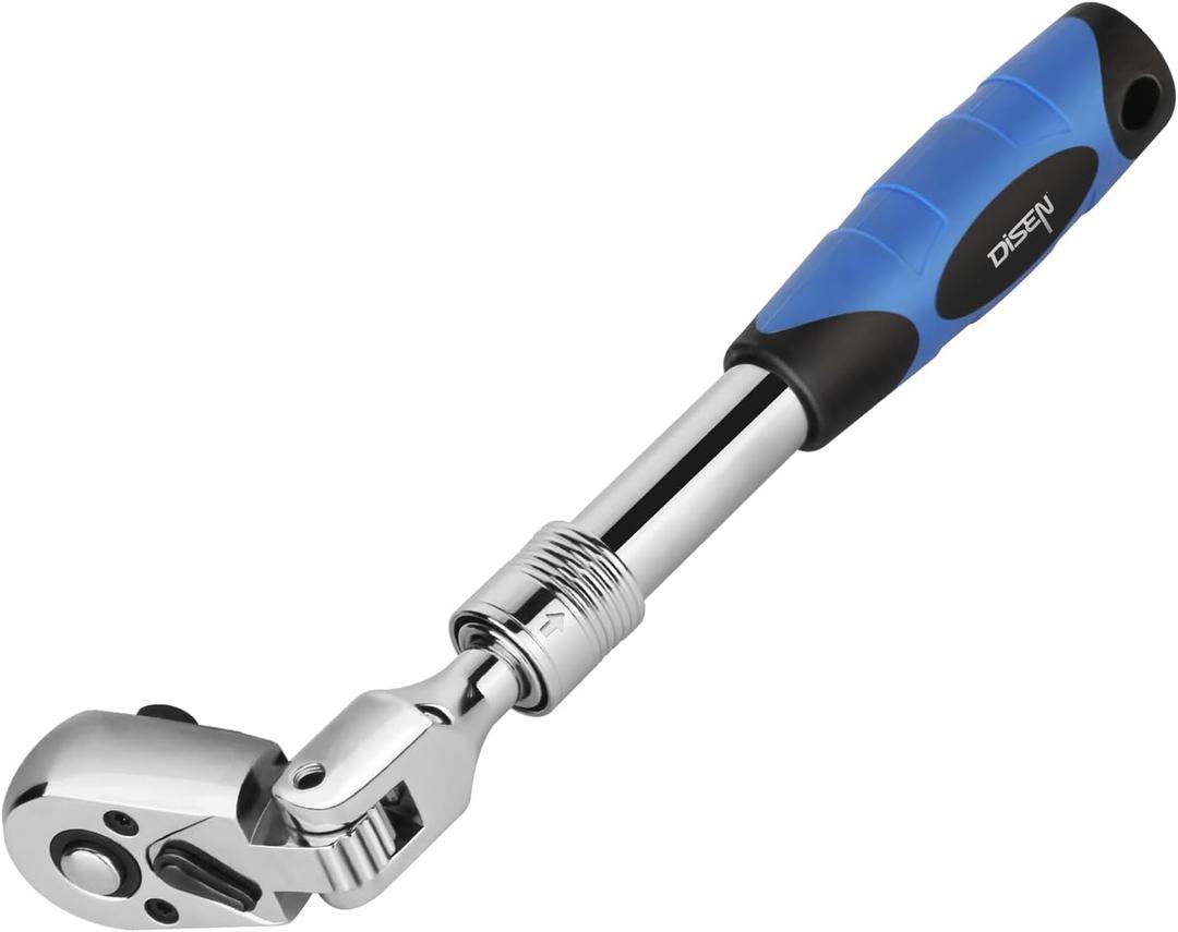 DISEN 3/8" Drive Extendable Ratchet,72-Tooth Flex-Head Ratchet Wrench with Quick Release LockingSoft-Grip with Reversible Switch,Full-Polished Chrome Plating