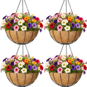 4 Pack Hanging Planters 12 Inch Metal Hanging Planter Basket Flower Pots with Coco Coir Liners Round Wire Plant Holder for Indoor Outdoor Patio Porch Garden Railings Decoration