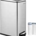 SONGMICS Slim Trash Can, 13-Gallon (50 L) Garbage Can for Narrow Spaces with Soft-Close Lid, Inner Bucket, and Step-on Pedal, Stainless Steel, 15 Trash Bags Included, Silver ULTB510E48