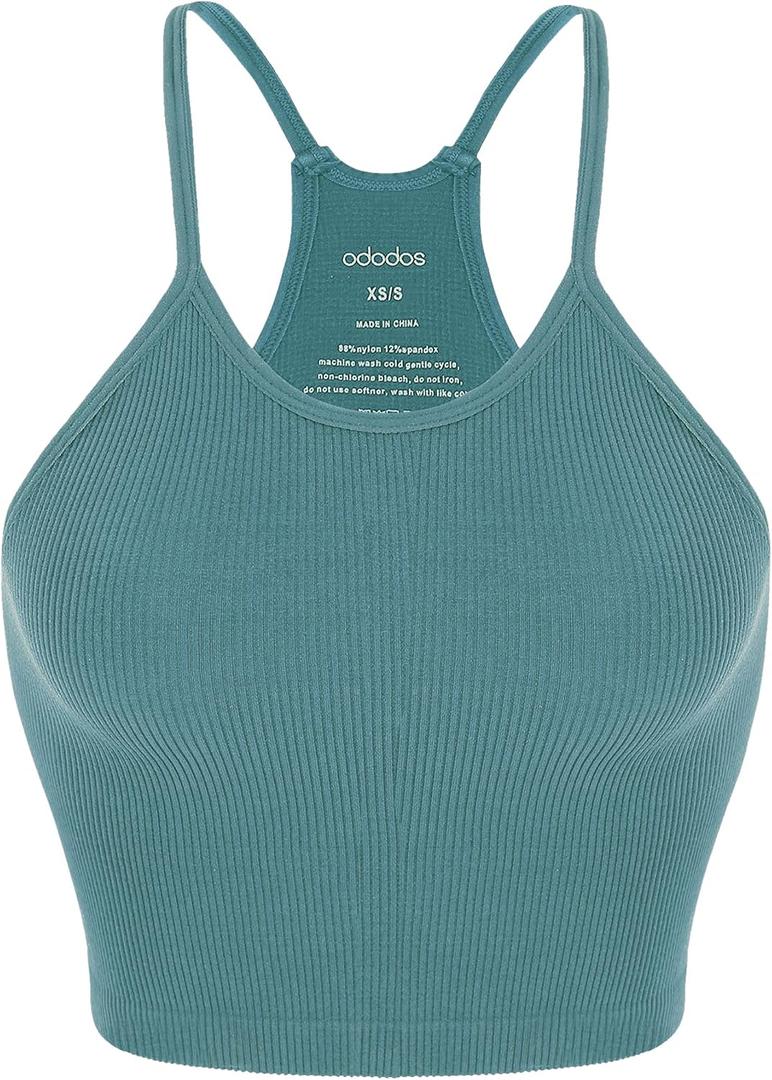 ODODOS Women's Crop Seamless Rib-Knit Camisole Strappy Racerback Crop Tank Tops, Sky Blue, Medium/Large