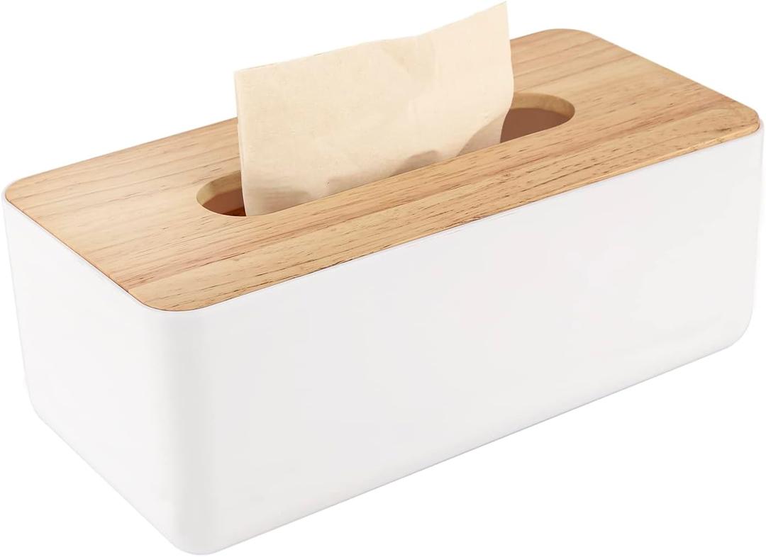 Wood Tissue Box Cover Gloves Box Holder Wooden Rectangular Tissue Box Holder for Storage on Bathroom Vanity, Countertop, Bedroom Dresser (Large(10.2 x 5.1 x 4.5)) (White)