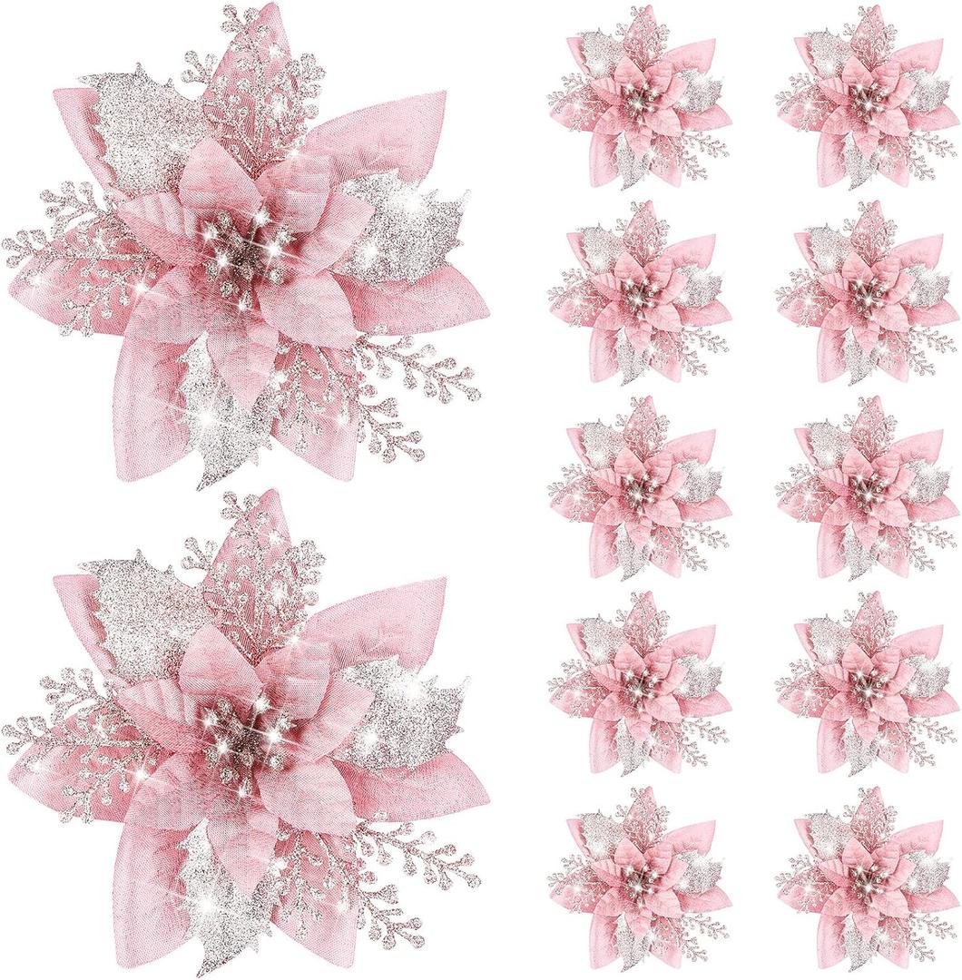 12 Pieces 5.7 Inch Christmas Poinsettia Flower Christmas Glitter Artificial Flower with Clips Xmas Tree Ornament for Wreath Garland Party Decor (Rose Gold)