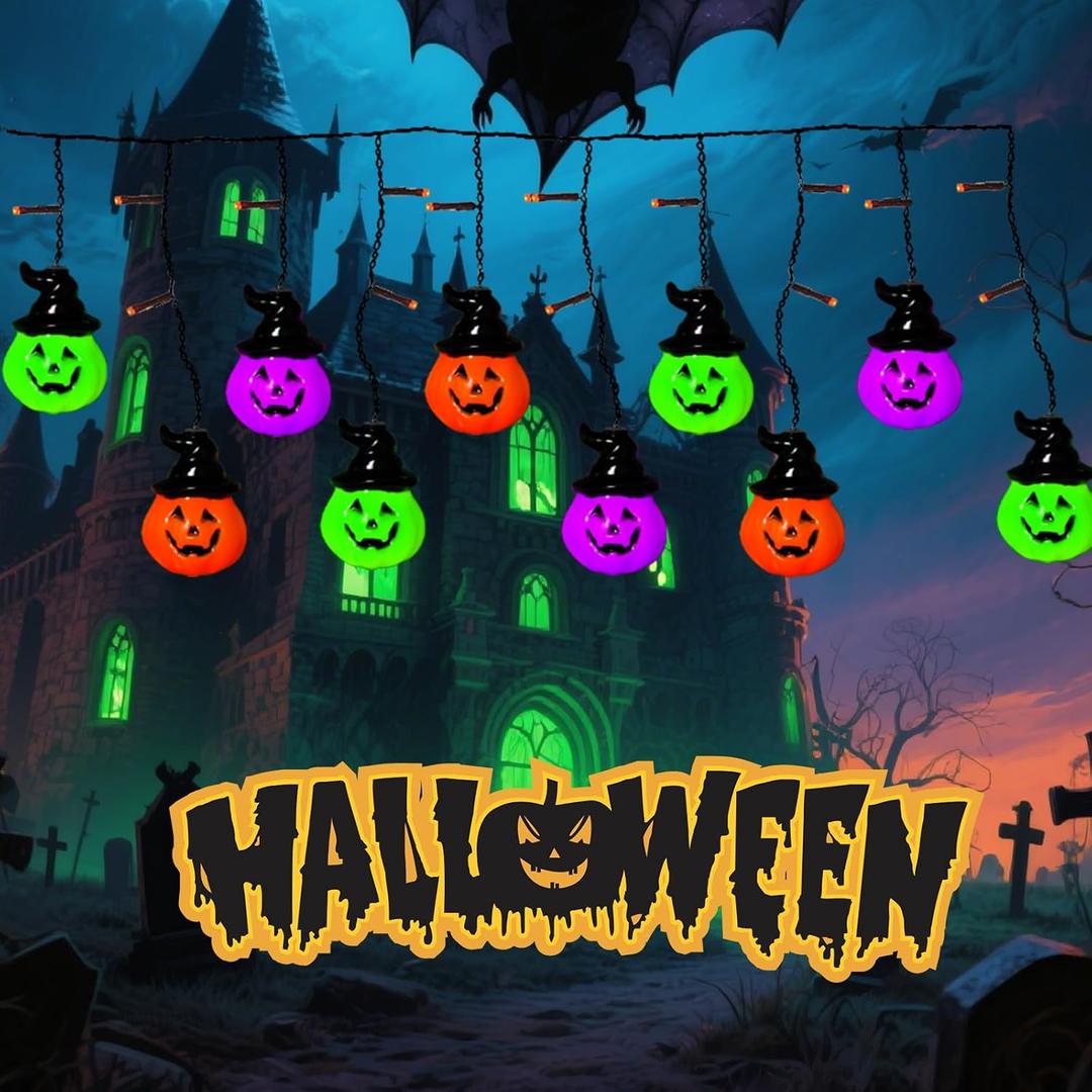 6FT 25LED Halloween Hooded Pumpkin String Lights, Icicle Light Strand with 10 Witch Hat Pumpkin Lights, 8 Lighting Modes, Battery Operated, Indoor Outdoor Holiday Decoration
