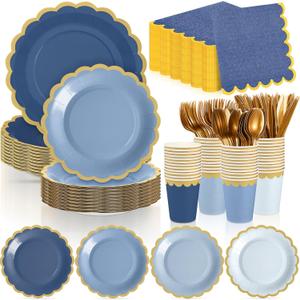 Mimorou 338 Pcs Dusty Blue Plates and Napkins Party Supplies for Guests Blue Tableware Include Scalloped Plates Paper Napkin Cup Spoon Fork Knife for Baby Shower, Wedding, Birthday