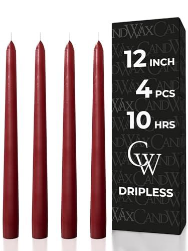 CANDWAX 12 inch Burgundy Taper Candle Pack of 4 - Unscented Smokeless Dripless Candlesticks - Candle Sticks for Party Décor, Christmas Home Decor, Dinner Table Centerpieces - Christmas Taper Candles