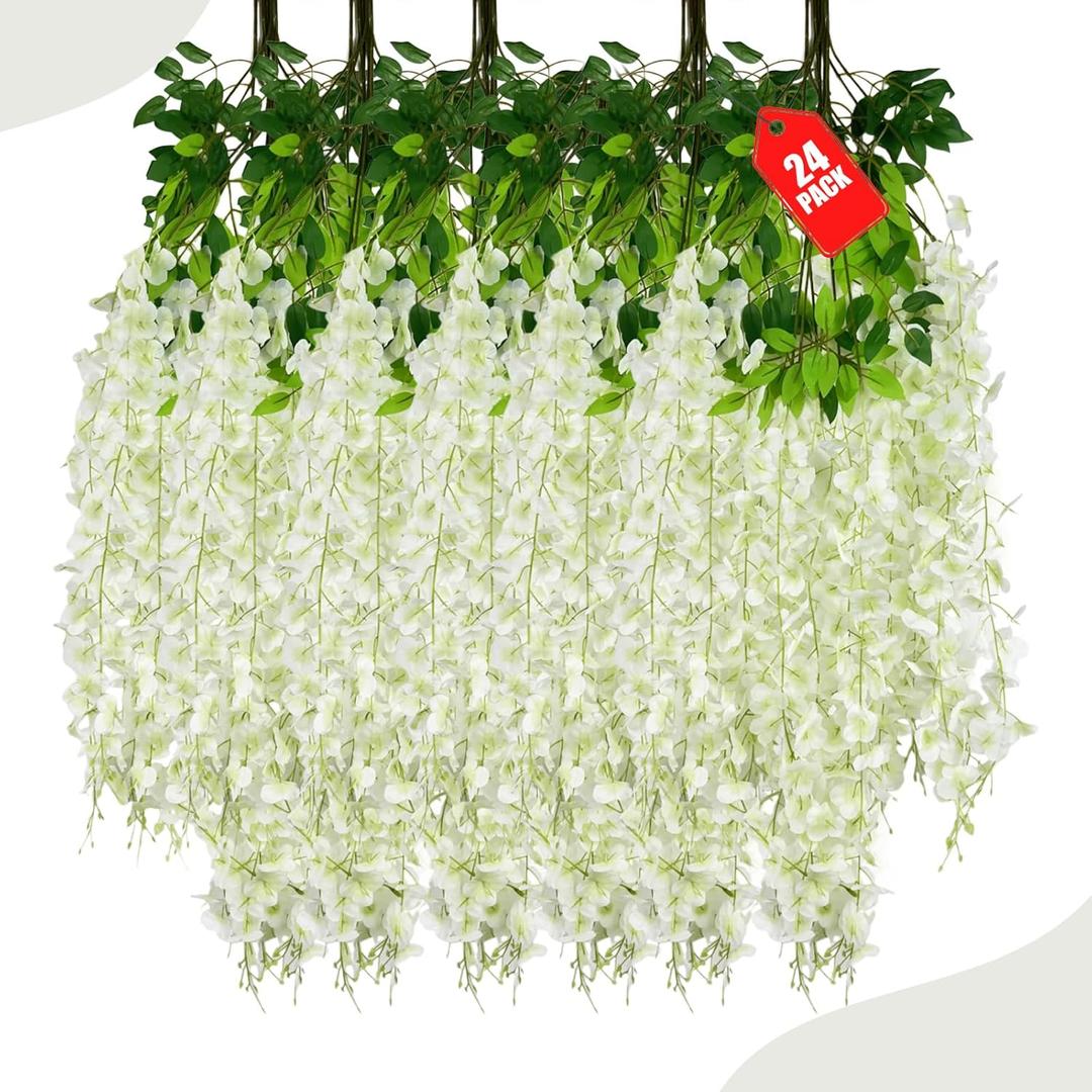 24 Pack Green White Wisteria Hanging Flowers, 3.4 Ft Fake Hanging Flowers, Artificial Wisteria Garland Vines for Wedding Room Backdrop Outdoor Patio Garden Decoration