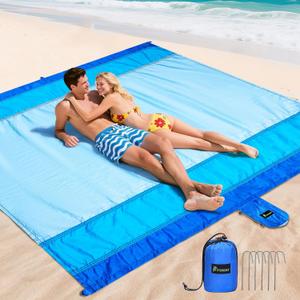 PTEROMY Beach Blanket Waterproof Sandproof, 108" X 120" Extra Large Beach Mat with Storage Bag, Quick Drying Lightweight, 6 Stakes, Accessories for Picnic, Travel (9x10 FT, Blue)