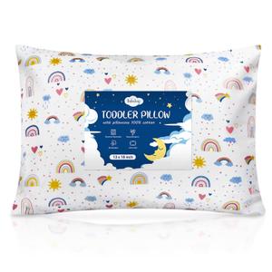 Babebay Toddler Pillow,13X18 Soft Toddler Pillows for Sleeping, Machine Washable Kids Pillow with Cotton Pillowcase, Perfect for Travel, Toddlers Cot (Sunny Rainbow)